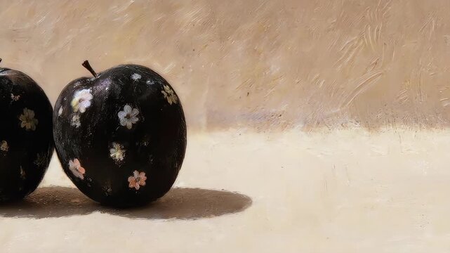 Two dark apples with flower designs sit against a textured background