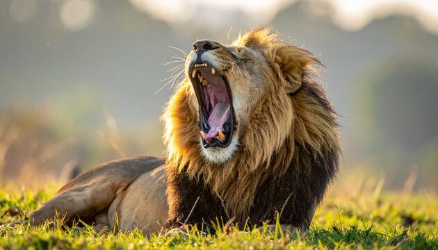Male lion lies yawning on grass in savannah environment