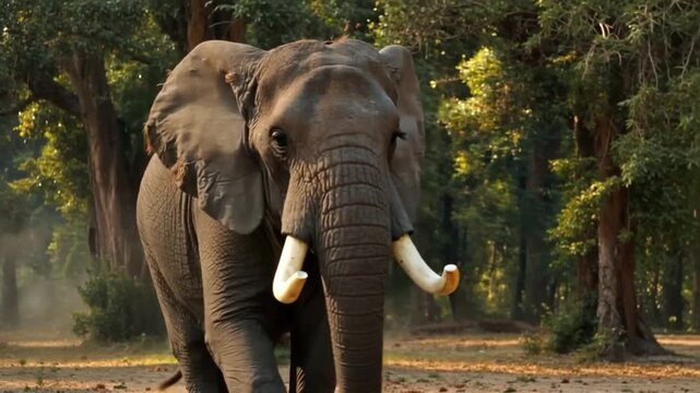 Elephant standing in forest with tusks.