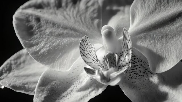 Black and white close-up of an orchid flower, with fine details and textures