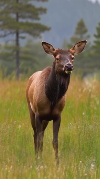 Elk standing in a field looking right.