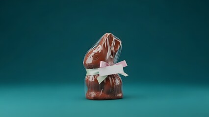 A chocolate Easter bunny wrapped in plastic with a white ribbon