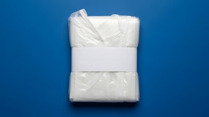 A bundle of white paper products wrapped in plastic on a blue background