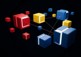 Obraz premium Geometric Microservices Modules Linked by High-Speed Laser Connections in Darkness.