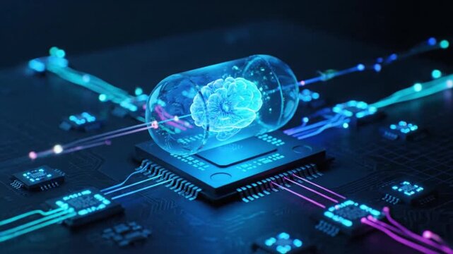 Futuristic digital concept illustrates artificial intelligence integration within advanced microchip technology for neural networks.