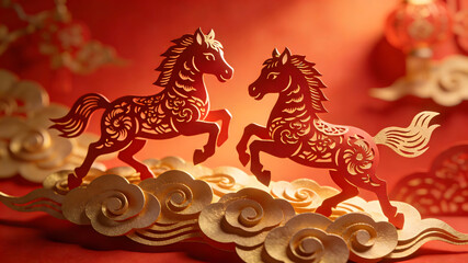 Fototapeta premium Festive paper-cut zodiac horses playing on auspicious clouds
