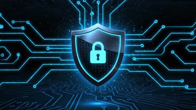 Glowing blue digital shield icon featuring a bright padlock symbolizes robust cybersecurity protection across a circuit board.
