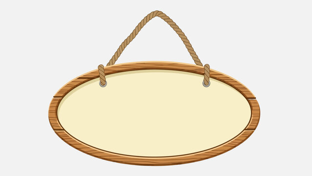 Oval wooden sign hanging by a thick rope against a white background
