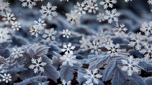 Frosty snowflakes on frozen leaves outside.
