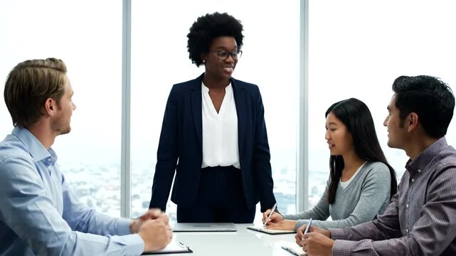 Businesswoman leads discussion with colleagues in office meeting
