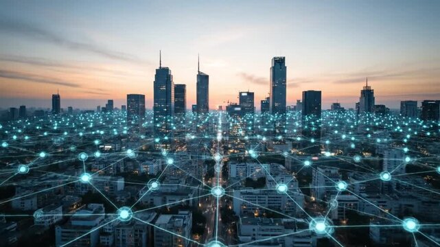 Futuristic digital network overlay illuminates a vast cityscape skyline at dusk creating smart urban connections.
