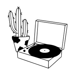 minimalist turntable and potted cactus outline drawing