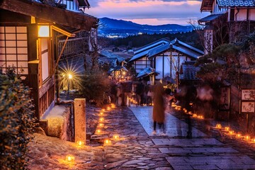Ice candles illuminating the historic post town of Magome-juku at night