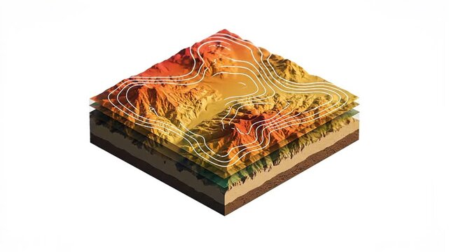 Isometric digital representation of layered topographical data with contour lines, illustrating environmental analysis and geospatial information for advanced scientific research