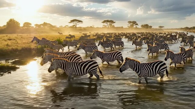 Zebras Gathering at Waterhole in African Savannah During Sunset.