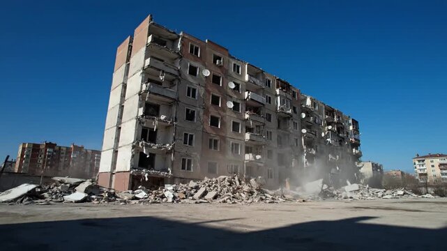 Demolition of a large building with dust and debris flying everywhere