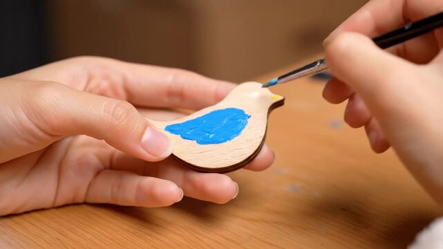 Close-Up of Hand Painting Small Wooden Decoration