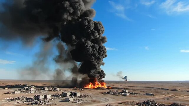 Desert village engulfed in massive smoke, fire, destruction, chaos, and debris from aerial viewpoint