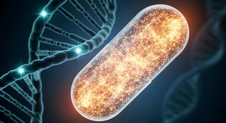 Capsule with nanoparticle, dna helix background representing therapeutic cancer precision medicine and targeted molecular treatment. Medicine 