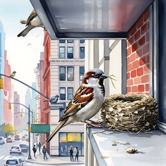 Small urban bird prepares a nest on a building ledge overlooking a busy street