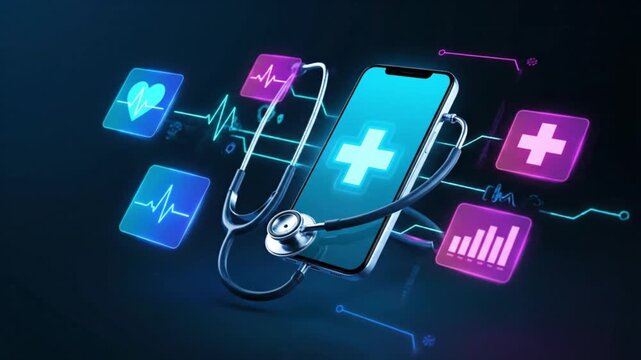 Digital health monitoring concept featuring a stethoscope wrapped around a smartphone displaying medical data icons.