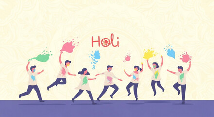 Fototapeta premium People celebrating Holi festival throwing colorful powder happy cultural event illustration vector art for festive design