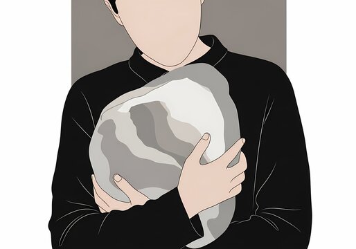 A person quietly holding an abstract shape close to their chest. This image symbolizes internalized unhappiness, emotional burden, suppressed feelings, and the silent weight carried inside.