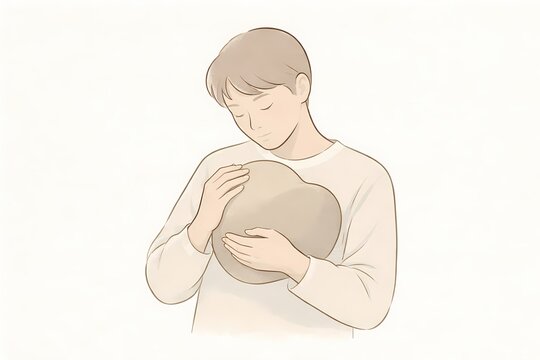 A person quietly holding an abstract shape close to their chest. This image symbolizes internalized unhappiness, emotional burden, suppressed feelings, and the silent weight carried inside.
