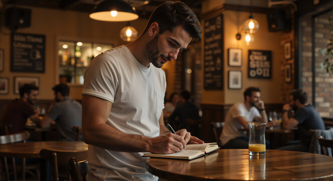 Young man writing in a notebook at a cozy cafe. Focused male freelancer journaling in a dimly lit coffee shop. Creative work and lifestyle concept
