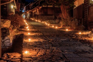 Ice candles illuminating the historic post town of Magome-juku at night