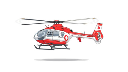 Pixelated red and white medical helicopter flying against a white background