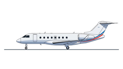 Fototapeta premium Pixelated side view of a white private jet with red and blue tail stripes on tarmac