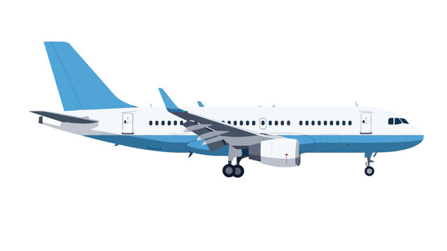 Pixelated illustration of a white and light blue passenger airplane in profile