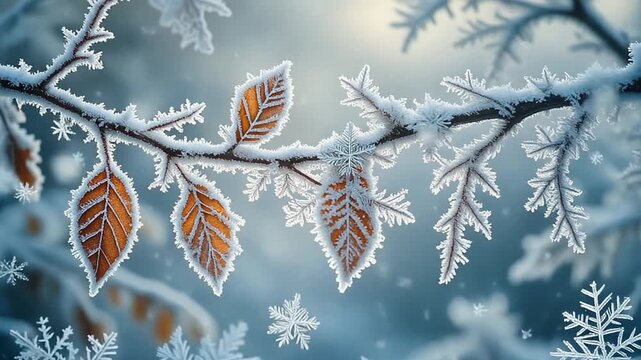 Frozen leaves on a tree branch.