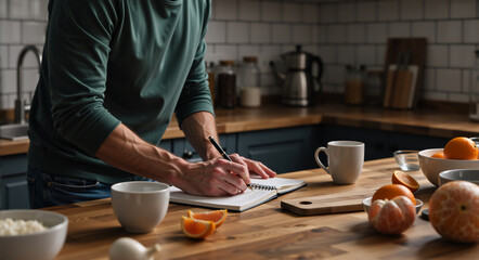 Man writing in a notebook on a wooden kitchen counter. Person planning a healthy meal or journaling in the morning. Healthy lifestyle and productivity concept