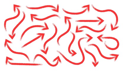 Obraz premium Red brush drawn curved arrows. Collection doodle marker thick arrows in different directions. Artistic scribbles, design elements set. Vector illustration . 