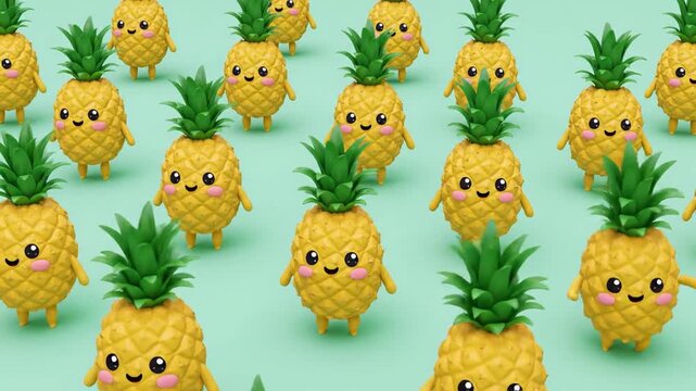 Cute dancing pineapples on green.