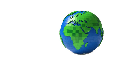 Obraz premium Pixelated globe with green continents and blue oceans on black background earth world, Isolated On Png Transparent Background