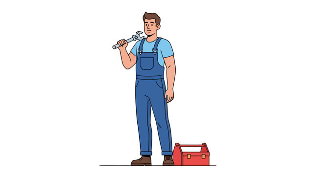 Plumber in blue overalls holding a large wrench next to a red toolbox