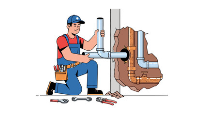 Plumber installing or repairing light blue plastic pipes inside a brown wall section