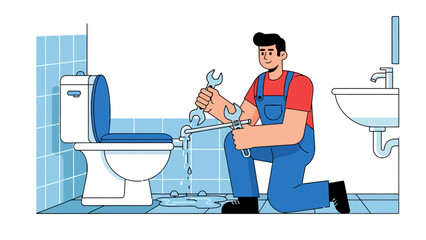 Plumber kneeling by a leaking toilet using wrenches with a sink nearby