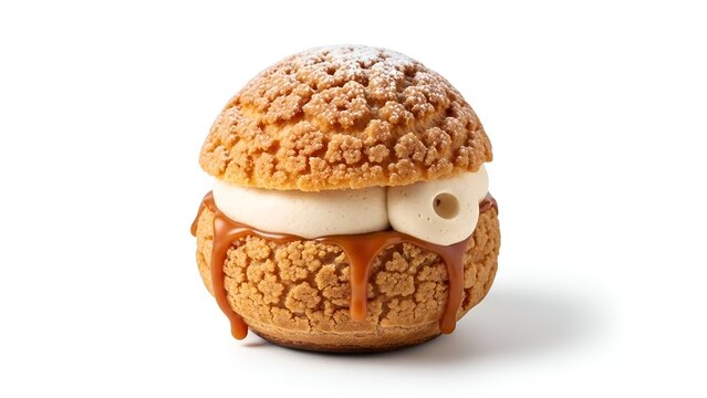 A perfectly round Korean caramel cream puff with creamy filling is presented on a plain surface from a front viewpoint.