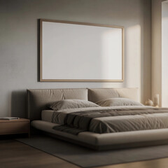Empty modern bedroom with large blank picture frame mockup 