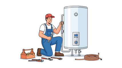 Plumber kneeling fixing a large white cylindrical water heater with a wrench