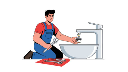 Plumber kneeling fixing a modern sink faucet with tools nearby