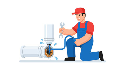 Plumber kneeling fixing a leaking pipe with a wrench and drain snake