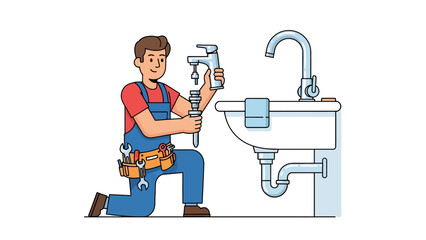 Plumber kneeling installing a sink faucet with tools visible