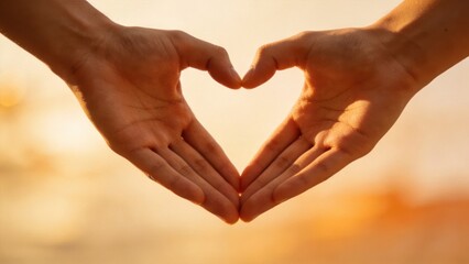 Obraz premium Human hands forming a heart shape against warm sunlight background,concept of love,care,connection and emotional support for relationships,mental health,wedding and wellness communication