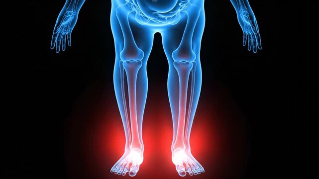 Human skeleton with glowing blue bones and highlighted ankle pain
