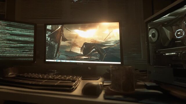 Computer workstation with dual monitors keyboard mouse and pc tower